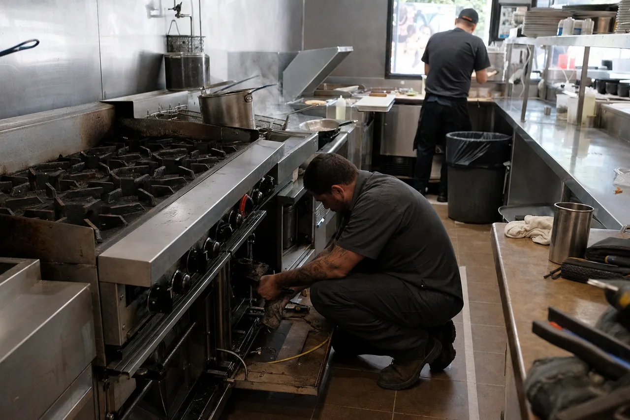 A heavy gas range with cast-iron grates opened at the oven compartment, the technician working inside it