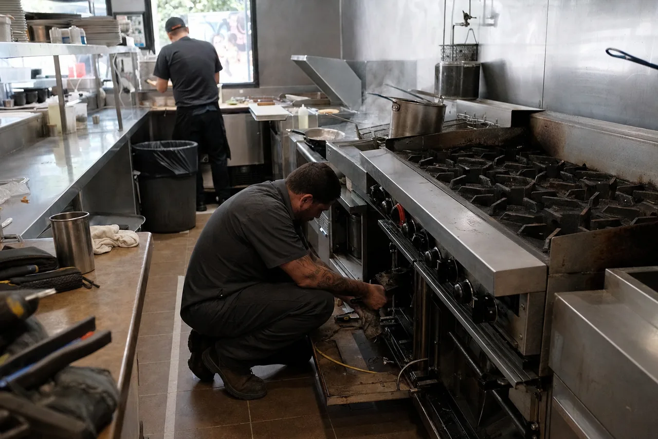 A stainless extraction hood over a heavy gas range in a working kitchen, a technician crouched at the range below it