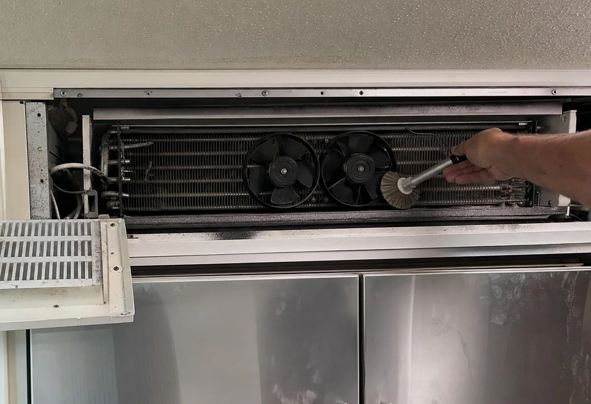 The vented grille panel of a refrigerator swung down, coil and fan assembly exposed above the doors