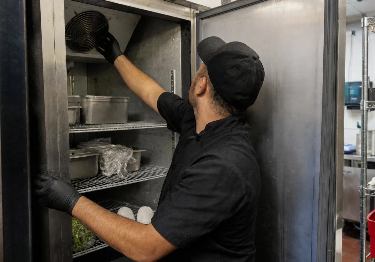 An open stainless refrigerator with a technician reaching to the evaporator housing at the top of the cabinet