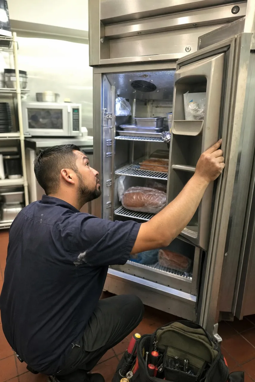 A technician crouched at an open stainless refrigerator, holding the door back with a tool bag at his feet