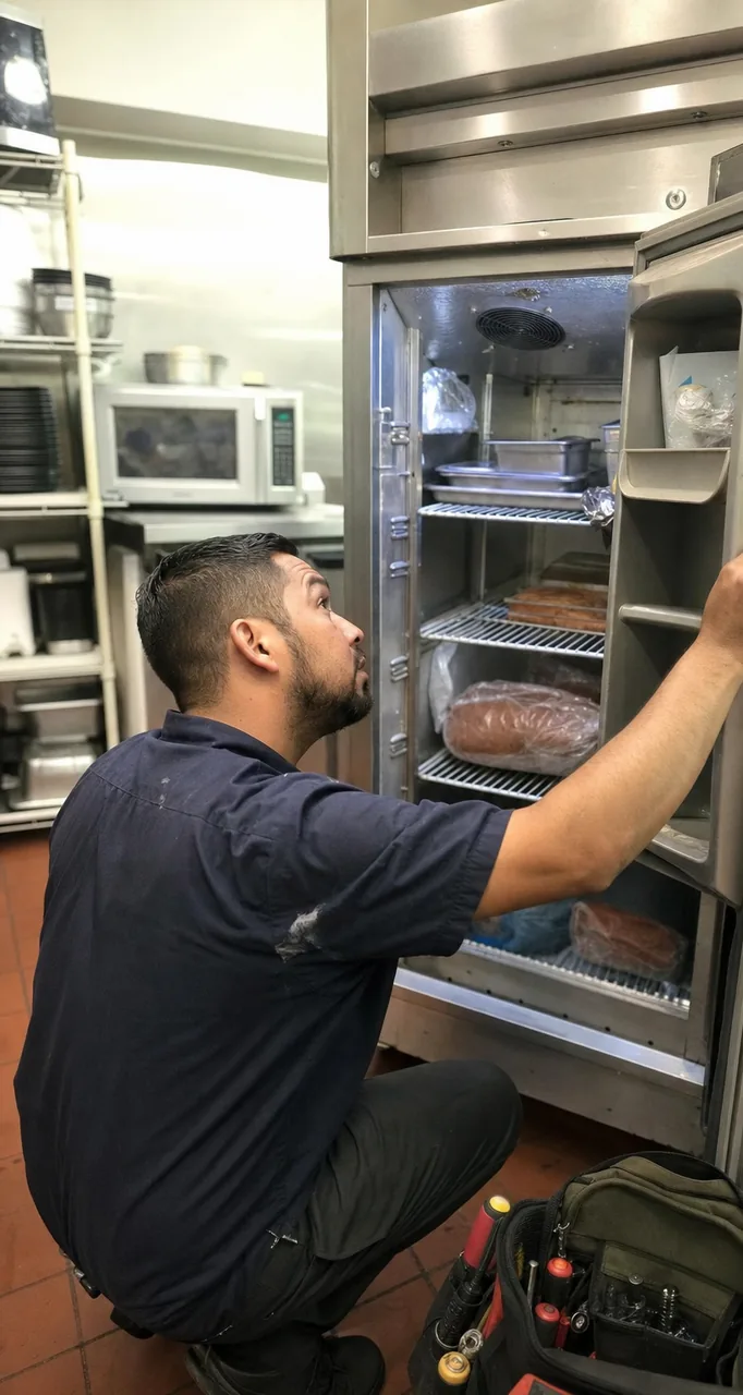 A technician holding open a stainless refrigerator door at the start of a service call, tool bag open on the floor