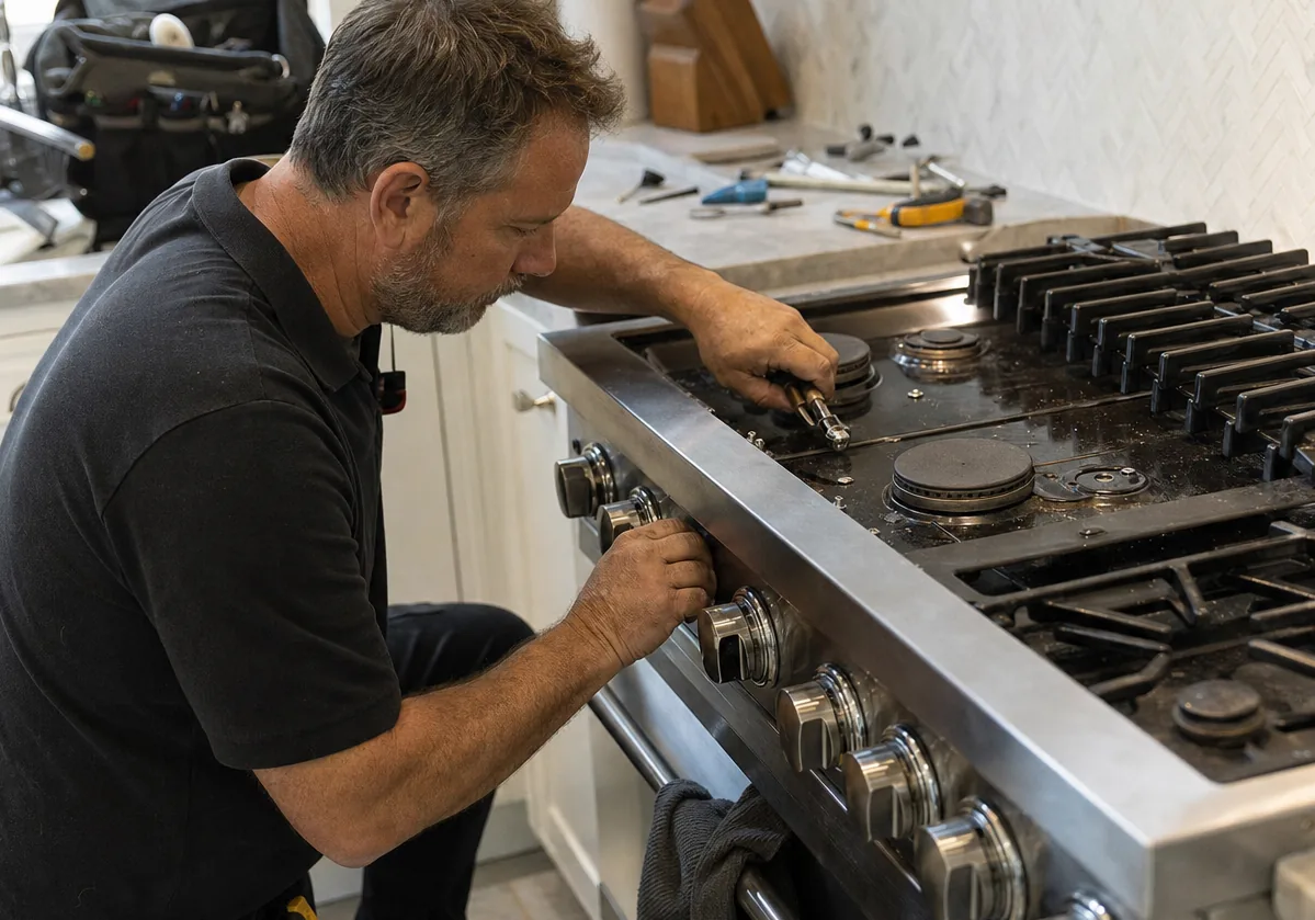 A technician working along the control panel of a pro-style stainless gas range in a bright kitchen, tools laid out on the counter behind
